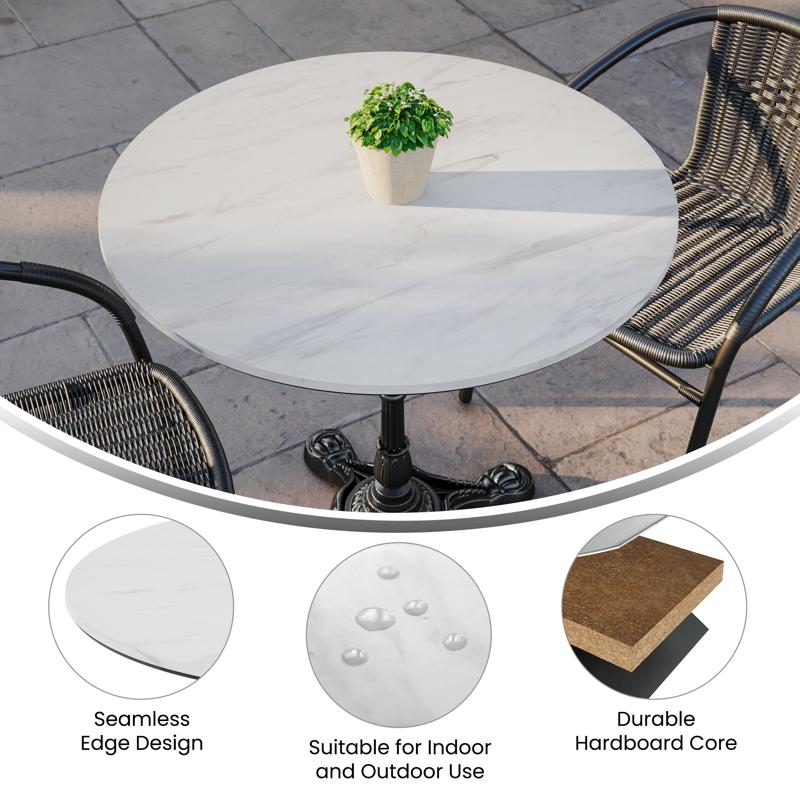 31.5" Round White Faux Marble TopGuard HPL Wrapped Tabletop